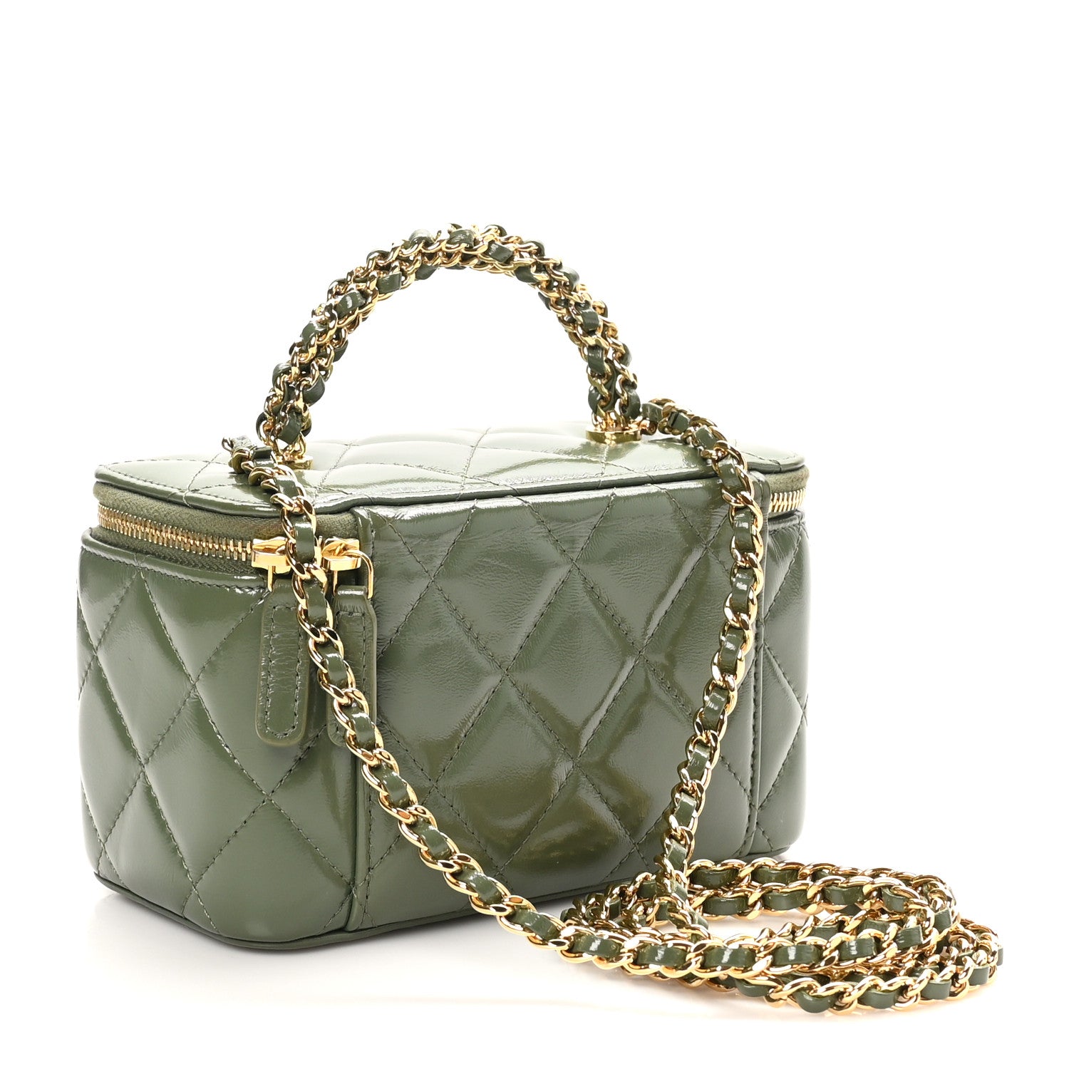Chanel Shiny Crumpled Calfskin Quilted Pick Me Up Vanity Case Khaki 3 of 11
