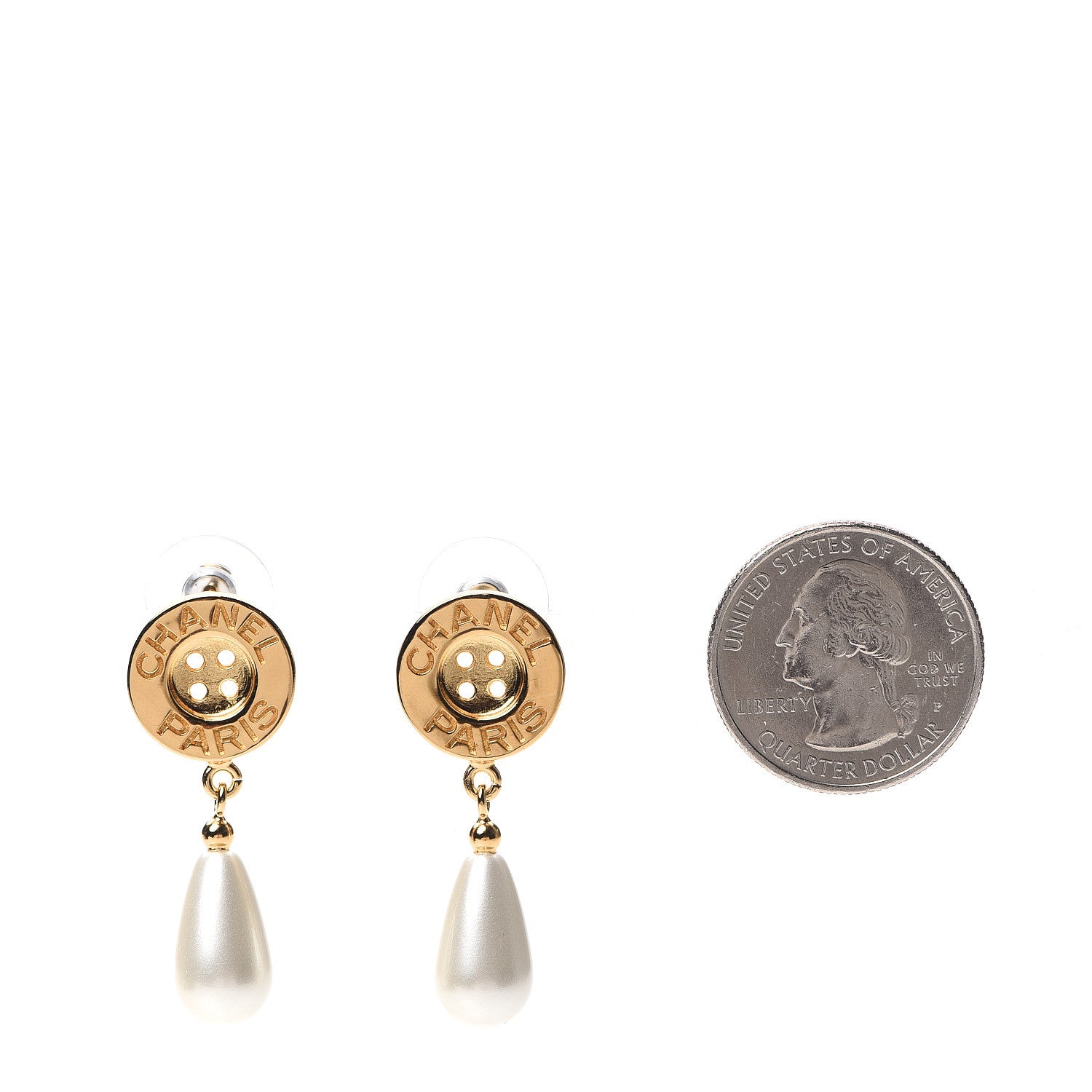 Chanel Metal Pearl Paris Button Drop Earrings Gold 2 of 5