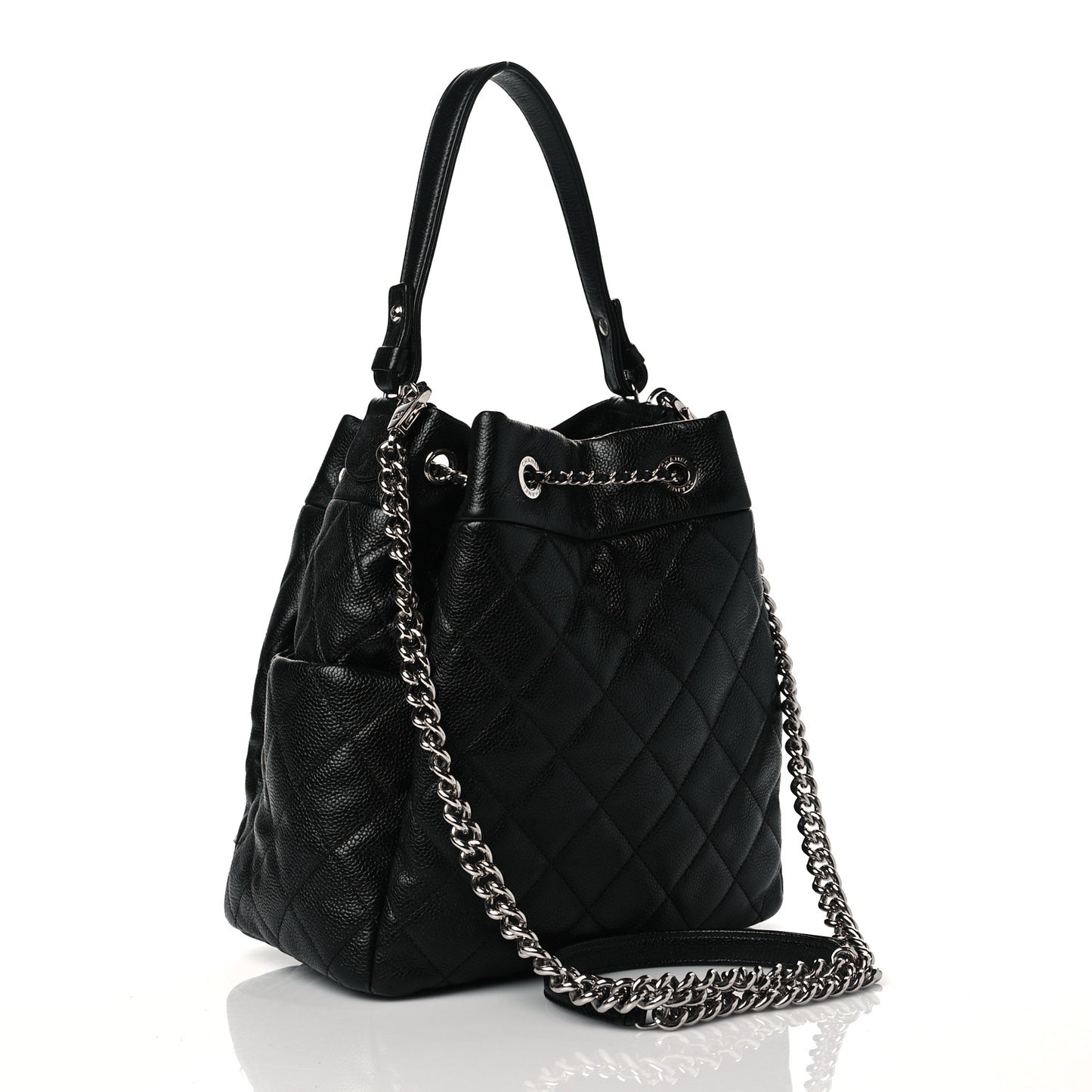 Caviar Flat Quilted CC Chain Bucket Drawstring Bag Black