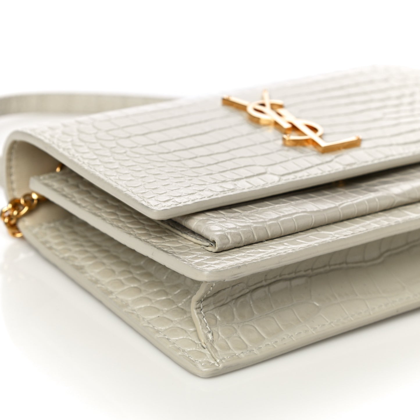 Calfskin Crocodile Embossed Monogram Sunset Chain Wallet Blanc Vintage