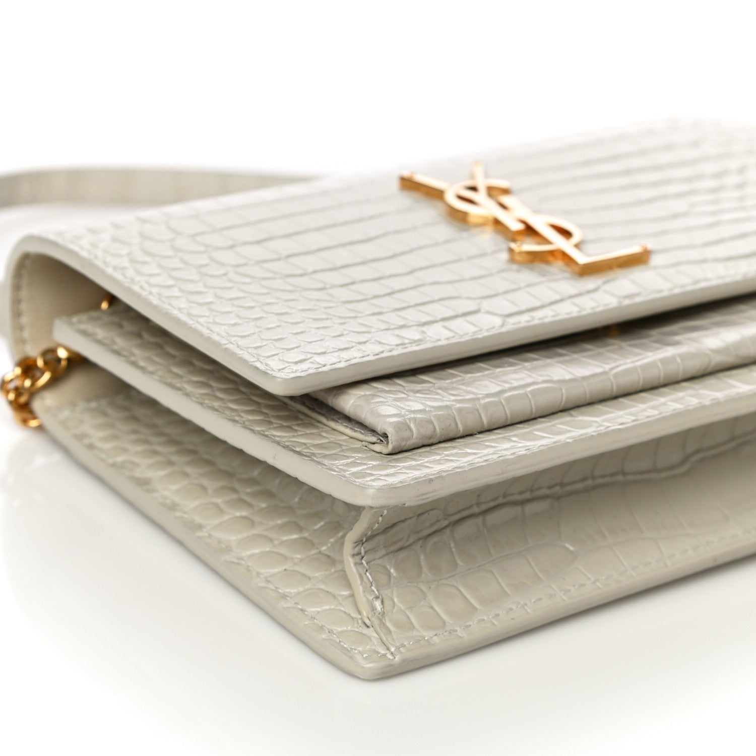 Saint Laurent Calfskin Crocodile Embossed Monogram Sunset Chain Wallet Blanc Vintage 8 of 10