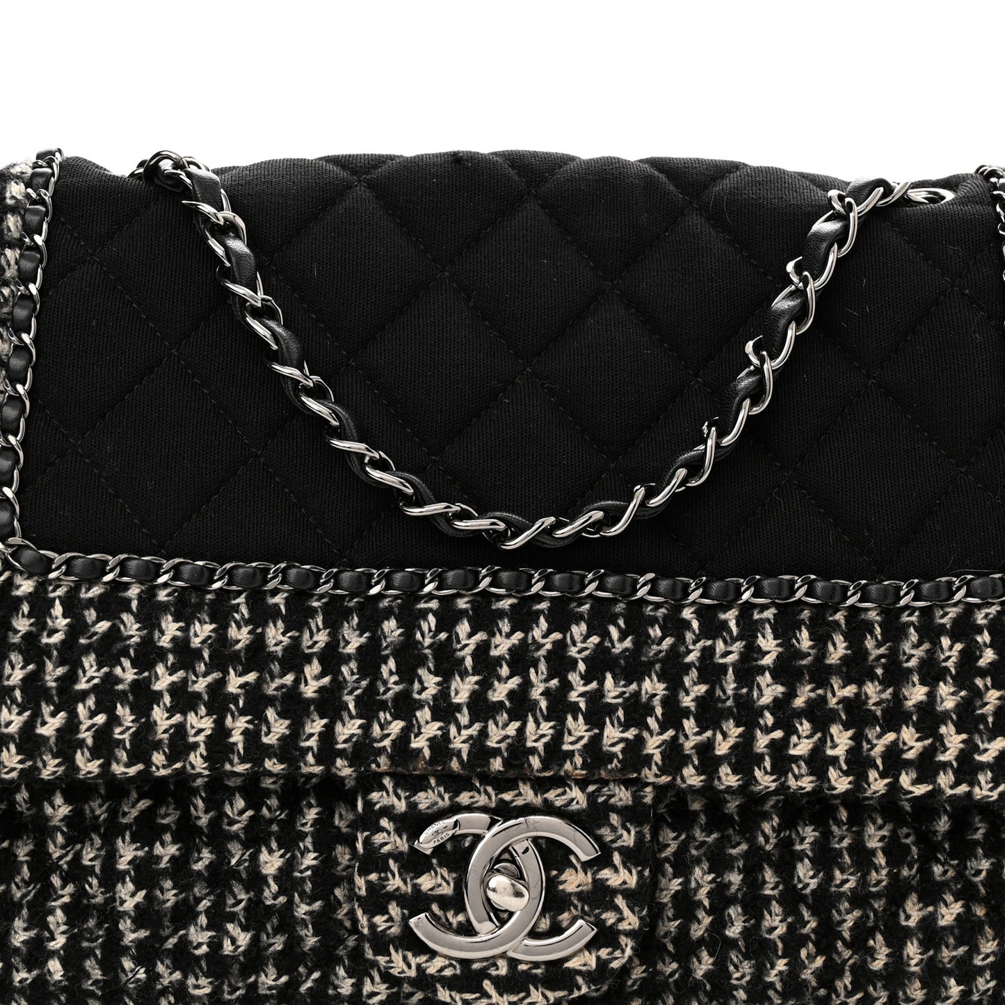 Tweed Jersey Quilted Medium Flap Black Ecru