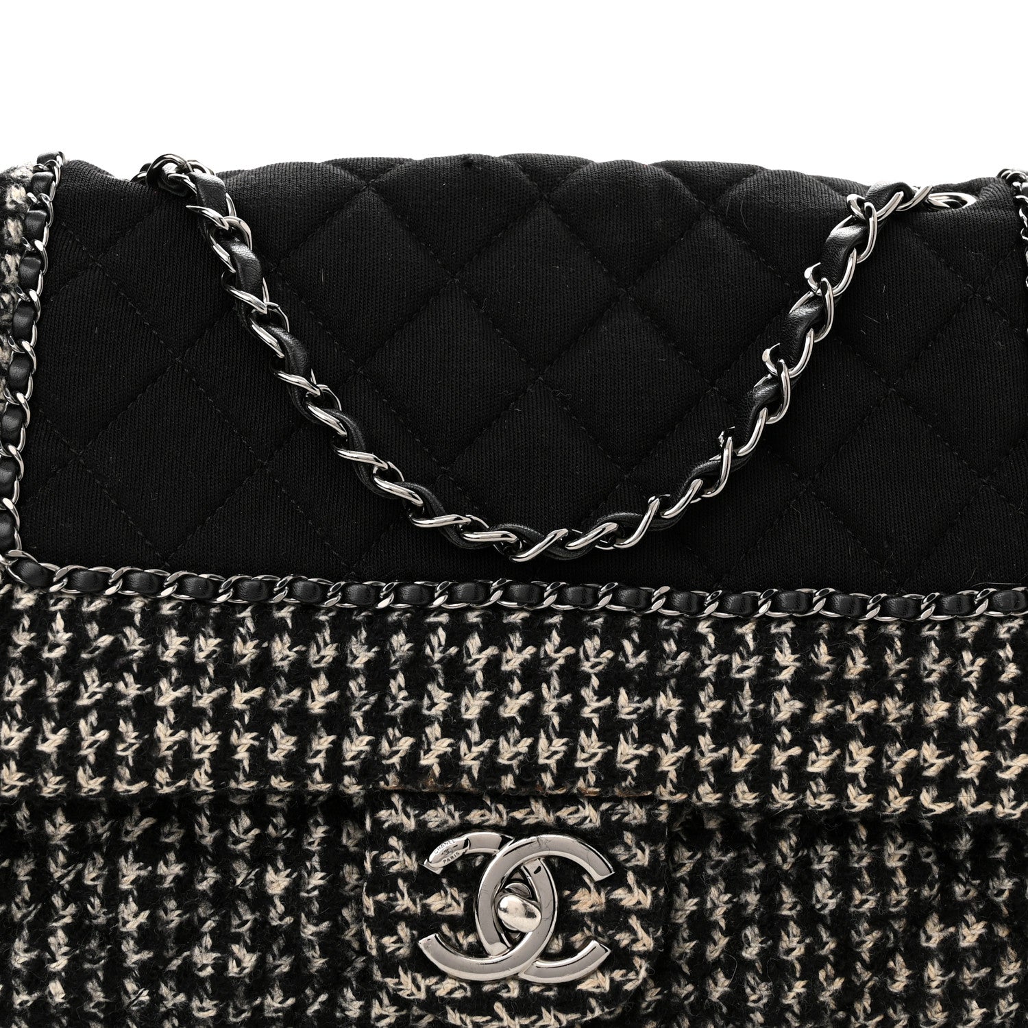 Chanel Tweed Jersey Quilted Medium Flap Black Ecru 7 of 9