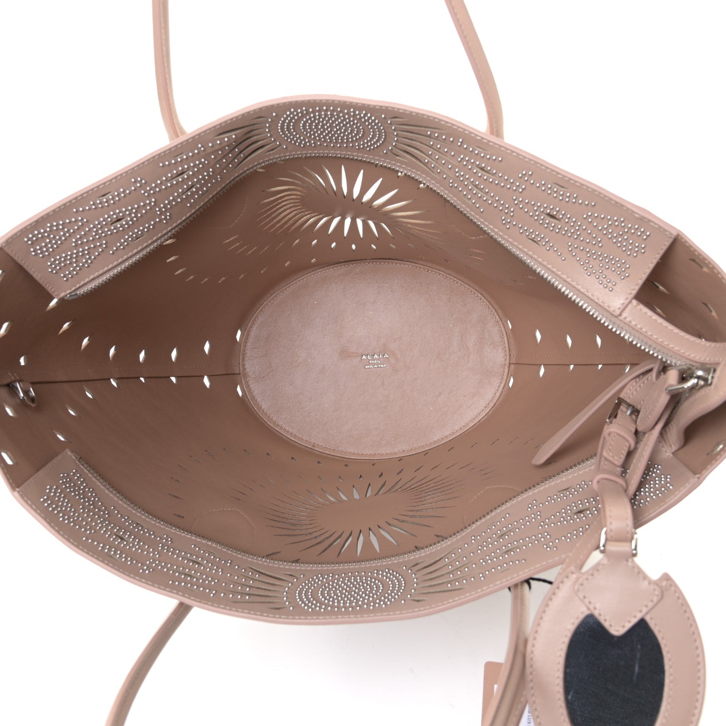 Calfskin Laser Cut Studded Mini Latifa Tote Sable