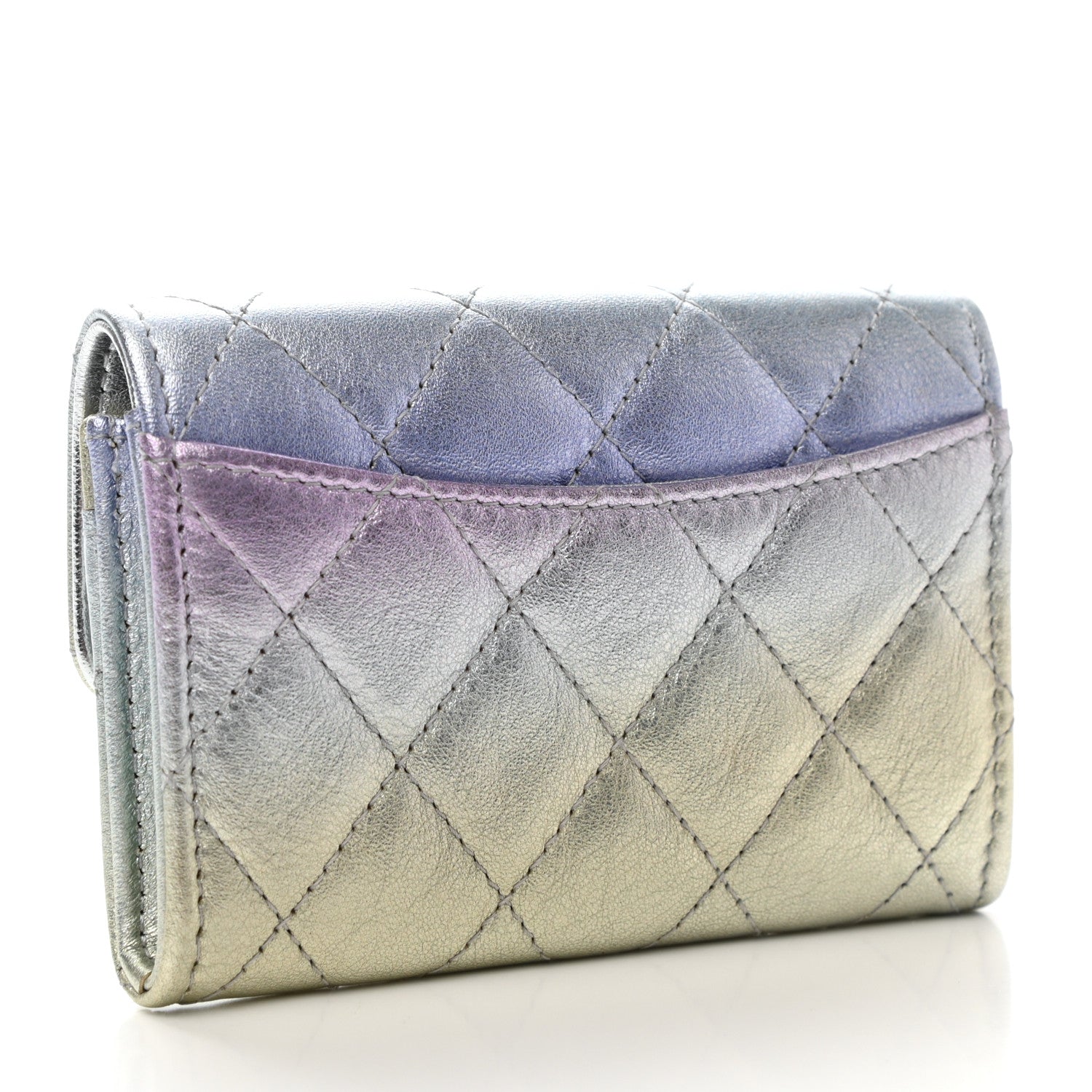 Chanel Gradient Metallic Calfskin Quilted Flap Card Holder Wallet Silver Blue Yellow Purple 3 of 8