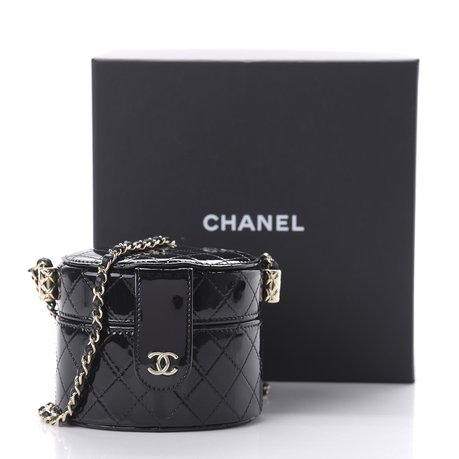Chanel Patent Quilted Round Small Vanity With Chain Black 12 of 12