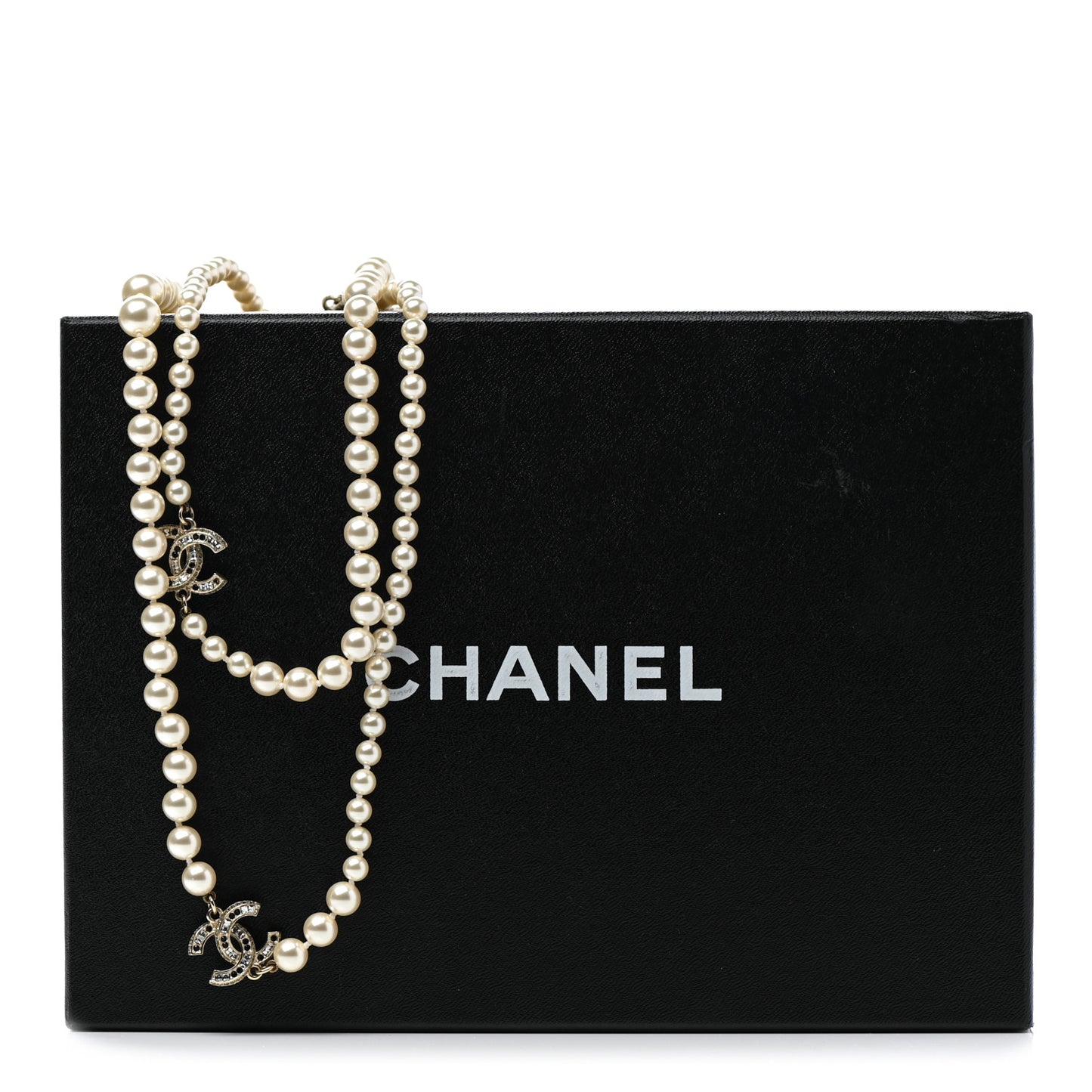 Graduated Pearl Crystal CC Long Necklace Gold Black