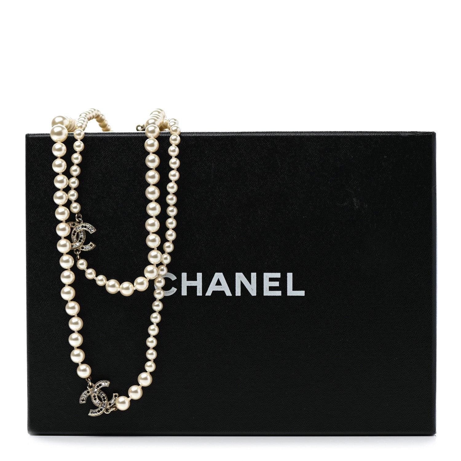Chanel Graduated Pearl Crystal CC Long Necklace Gold Black 6 of 6