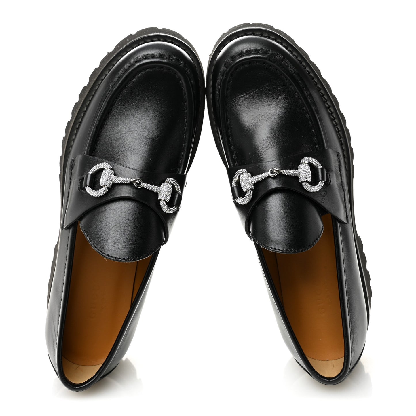 Calfskin Crystal Womens Horsebit Platform Lug Sole Loafers 37.5 Black