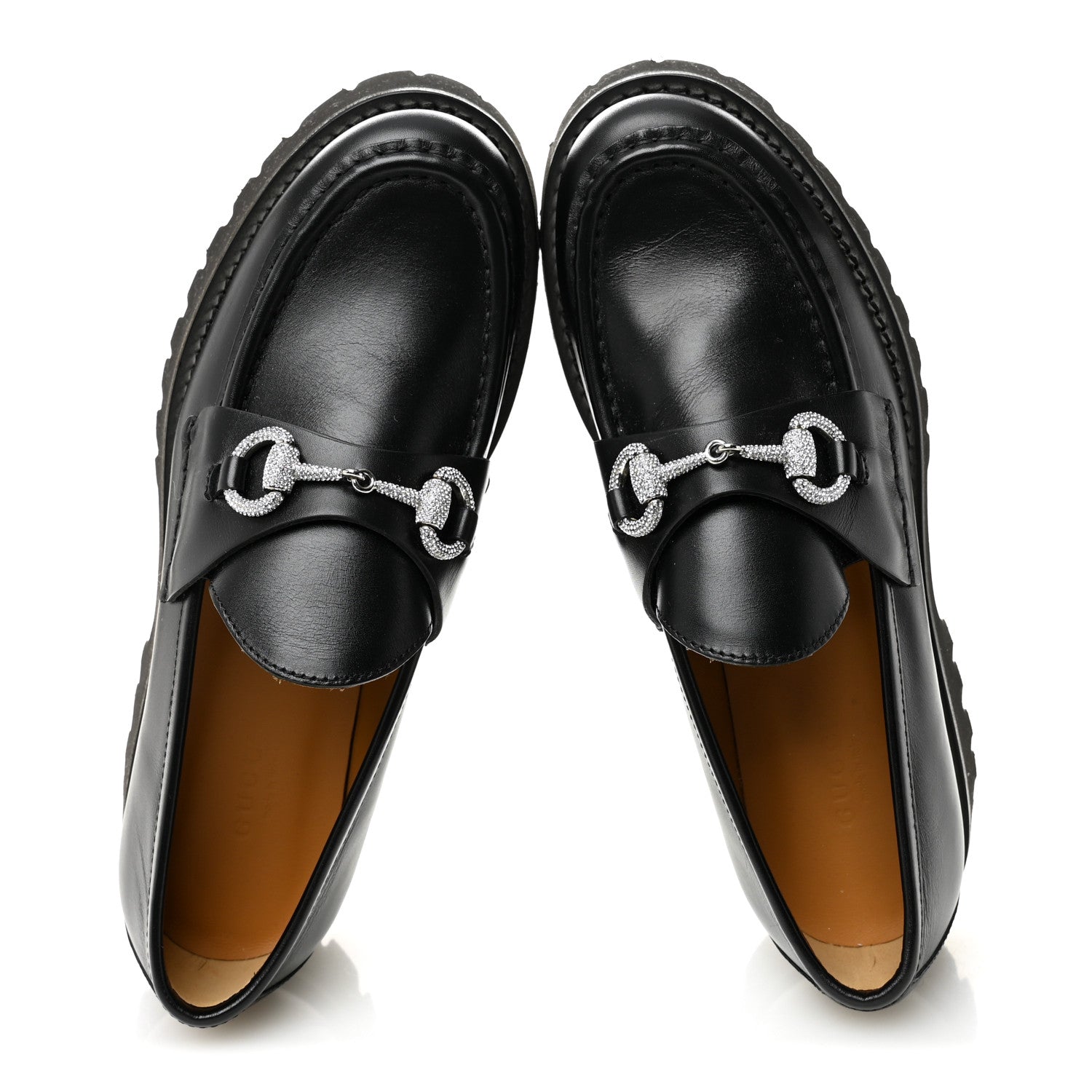 Gucci Calfskin Crystal Womens Horsebit Platform Lug Sole Loafers 37.5 Black 5 of 10