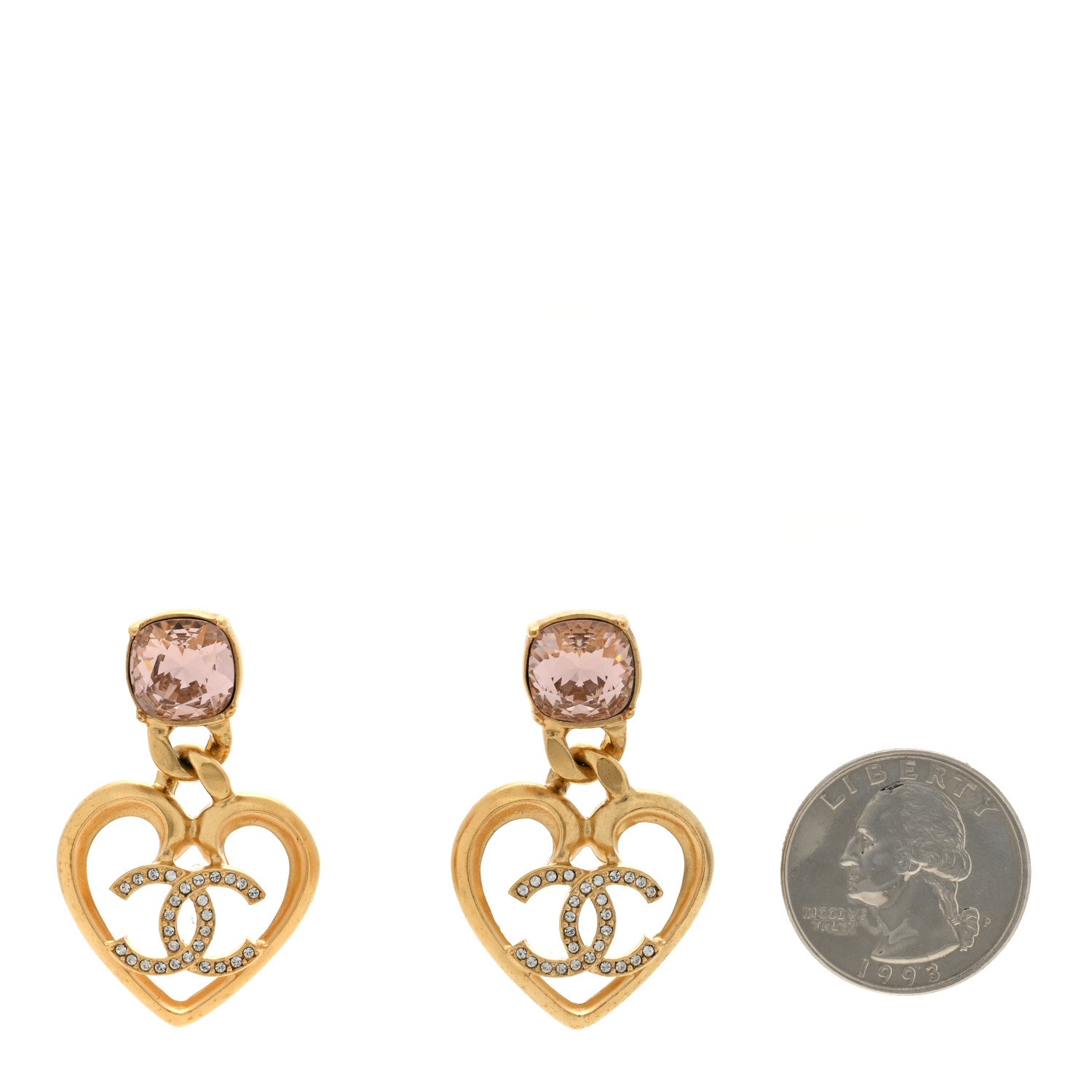 Chanel Crystal Heart CC Drop Earrings Pink Gold 2 of 5