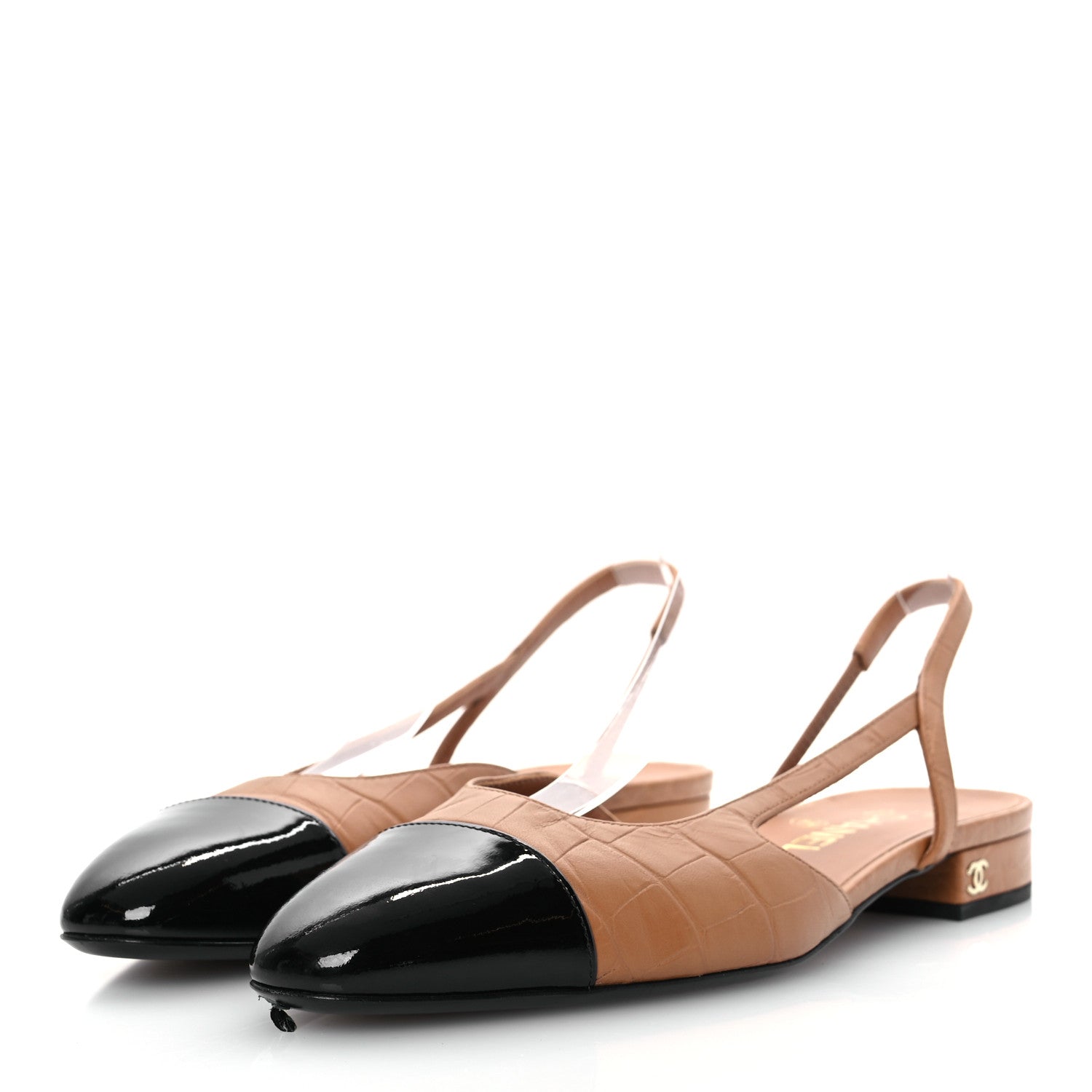 Chanel Calfskin Crocodile Embossed Patent Cap Toe CC Slingback Pumps 38.5 Brown Black 4 of 12