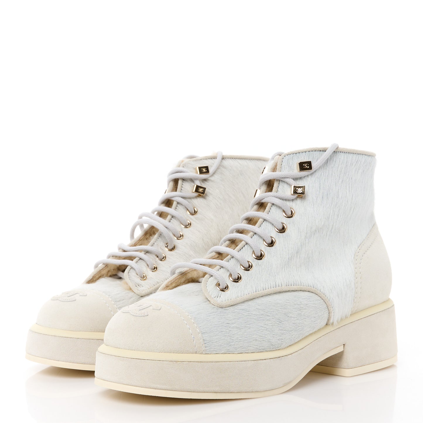 Suede Pony Hair Shearling Lace Up Combat Boots 37 White