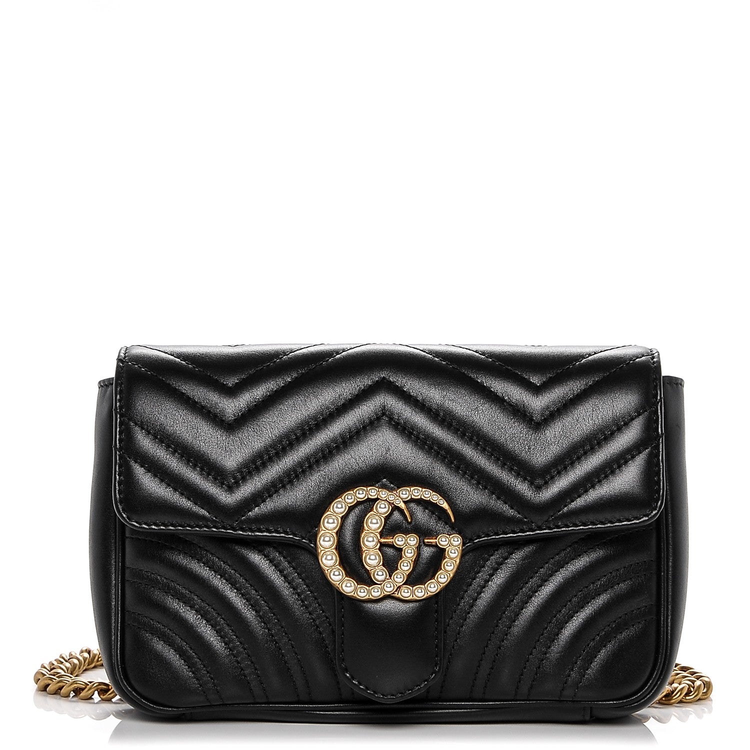 Gucci Calfskin Matelasse Pearly GG Marmont Chain Belt Bag Black 1 of 7