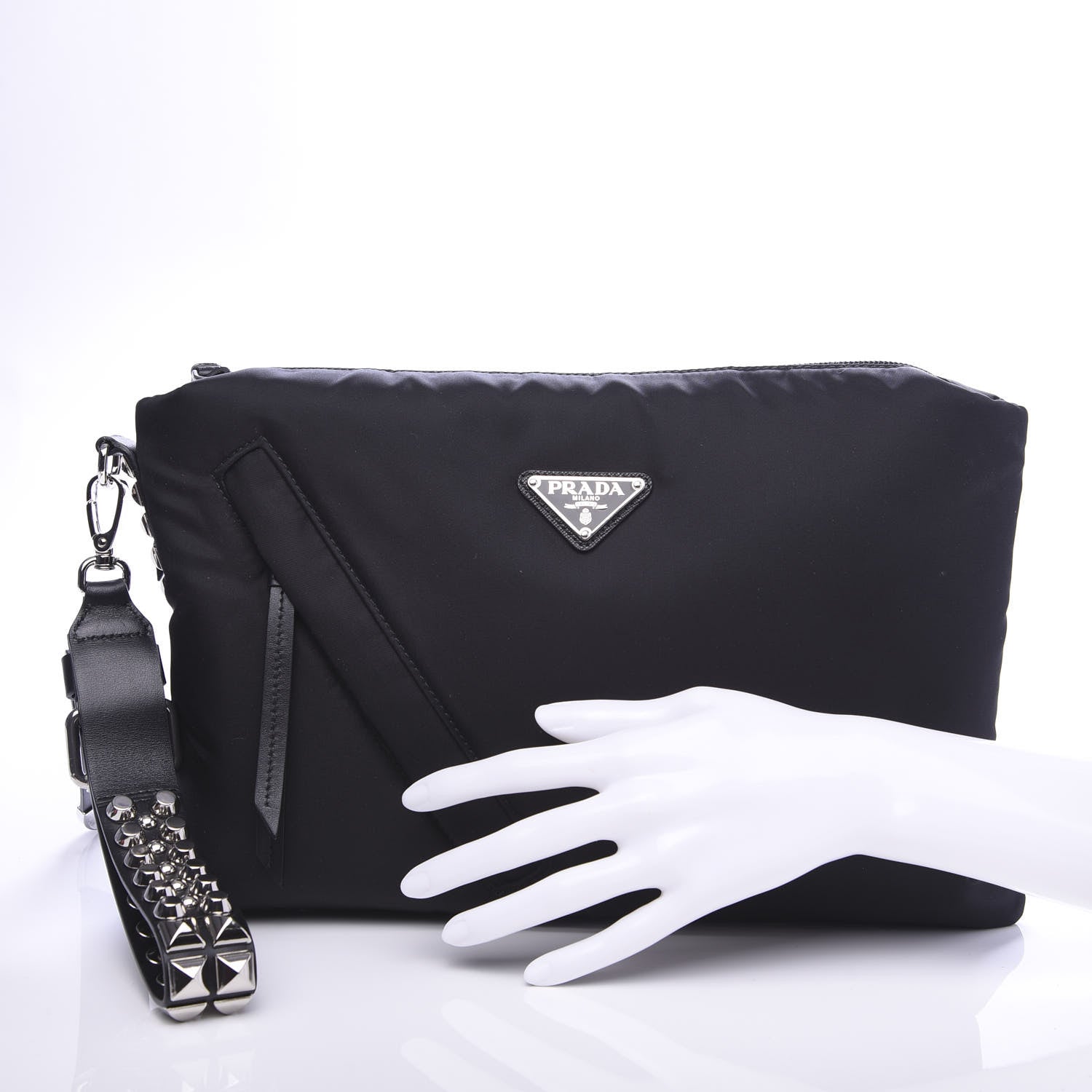 Prada Tessuto Nylon Studded Wristlet Black 2 of 7