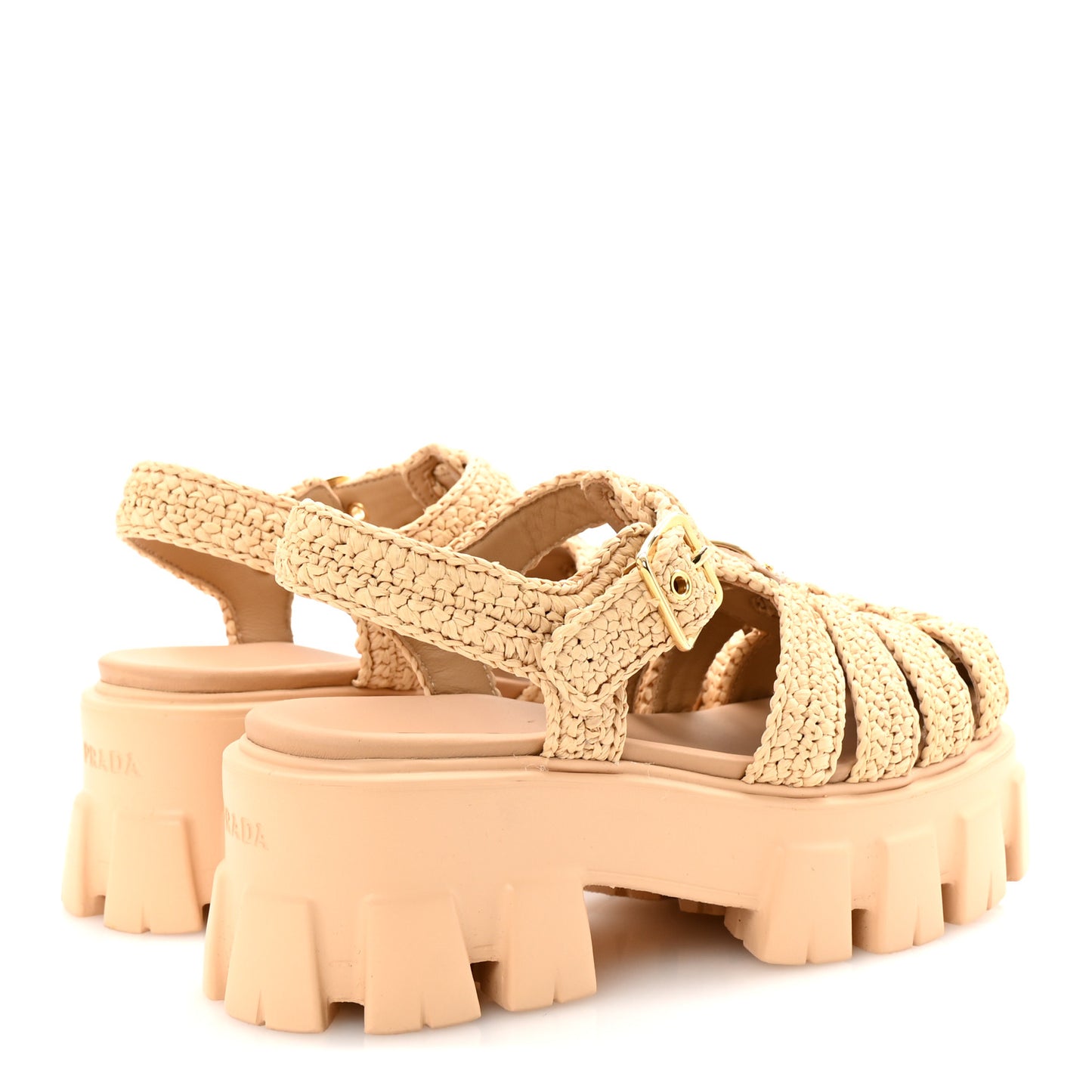Yarn Raffia Effect Metal Triangle Logo Crochet Monolith 55mm Cage Sandals 35 Naturale