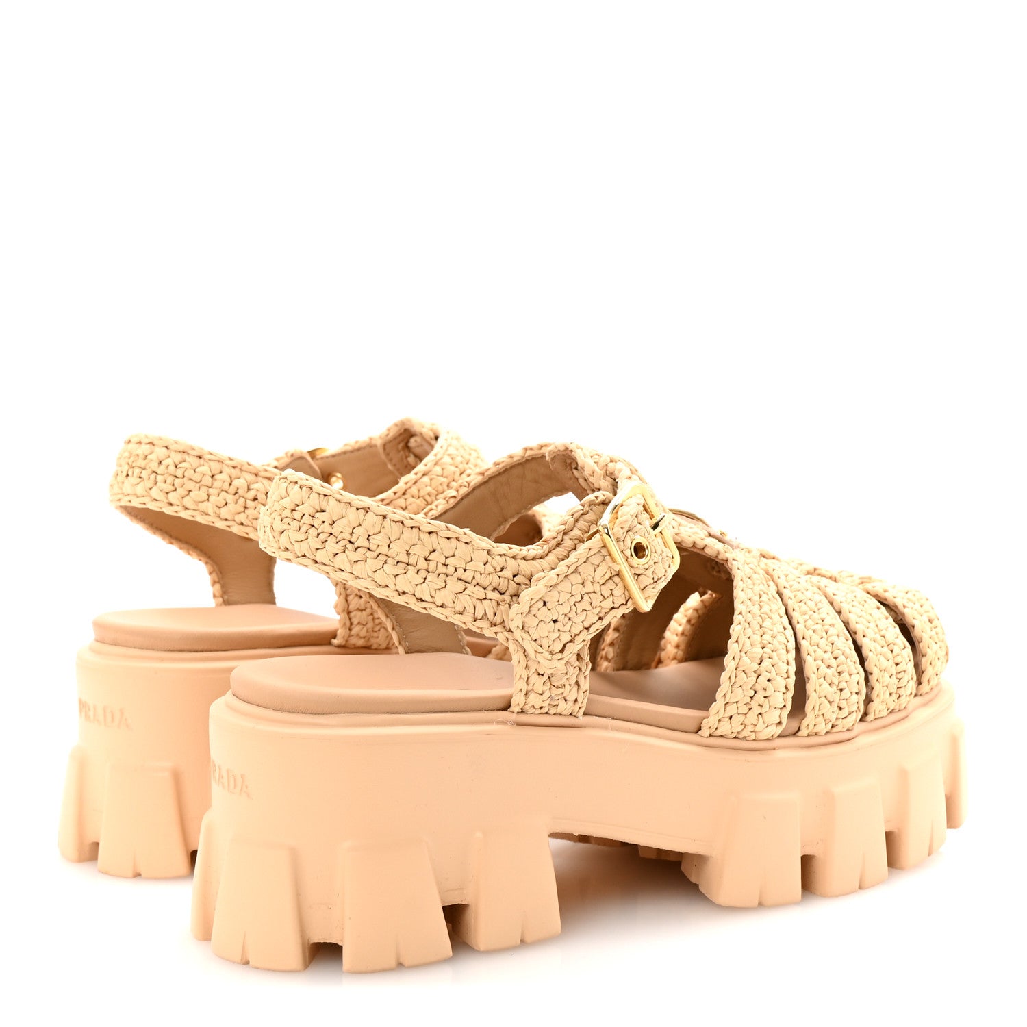 Prada Yarn Raffia Effect Metal Triangle Logo Crochet Monolith 55mm Cage Sandals 35 Naturale 5 of 10