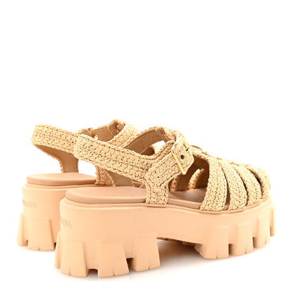 Prada Yarn Raffia Effect Metal Triangle Logo Crochet Monolith 55mm Cage Sandals 35 Naturale 5 of 10