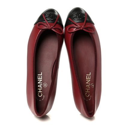 Chanel Lambskin Cap Toe CC Ballerina Flats 37.5 Burgundy Black 3 of 22