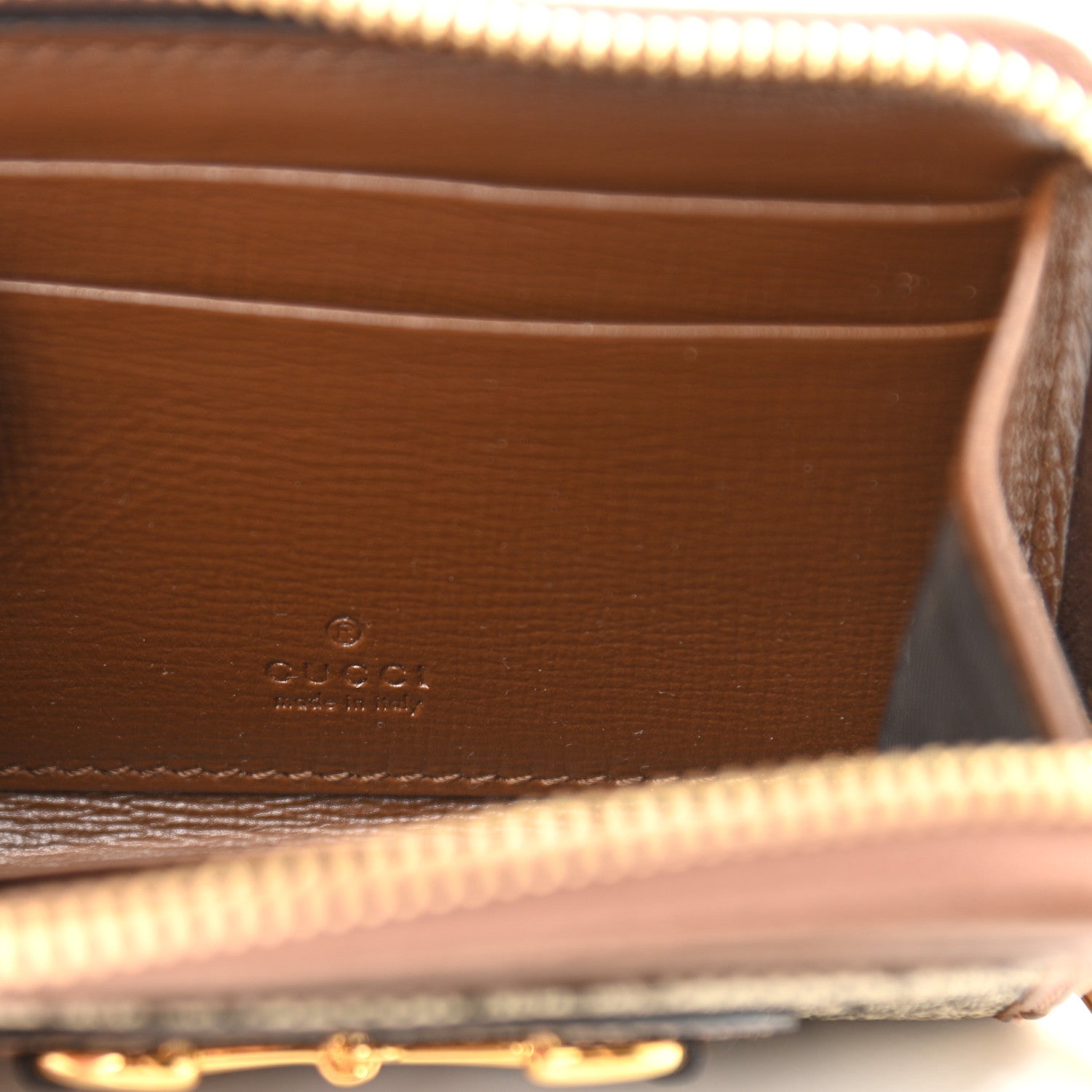 Gucci GG Supreme Monogram Azalea Calfskin Horsebit 1955 Zip Around ID Card Case Wallet Beige Ebony Brown Sugar 6 of 8