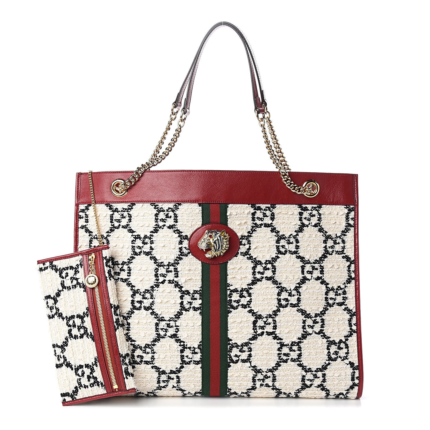 Gucci Tweed GG Monogram Large Rajah Chain Tote White Black Romantic Cherry 1 of 10
