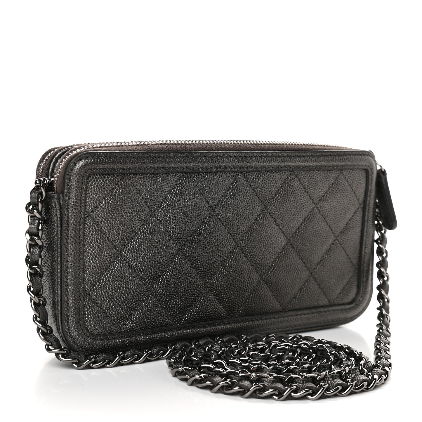 Metallic Caviar Quilted CC Filigree Clutch With Chain Dark Silver