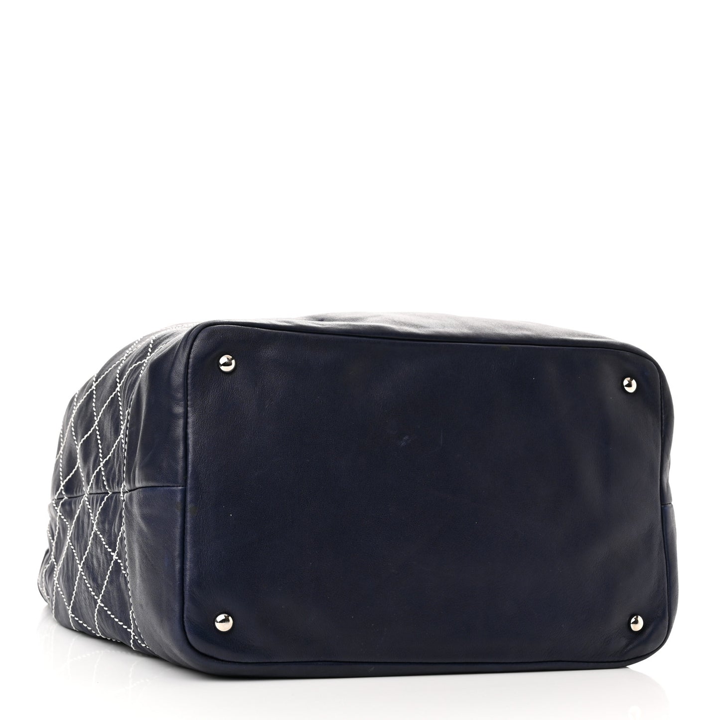 Lambskin Contrast Stitch Large Drawstring Tote Navy