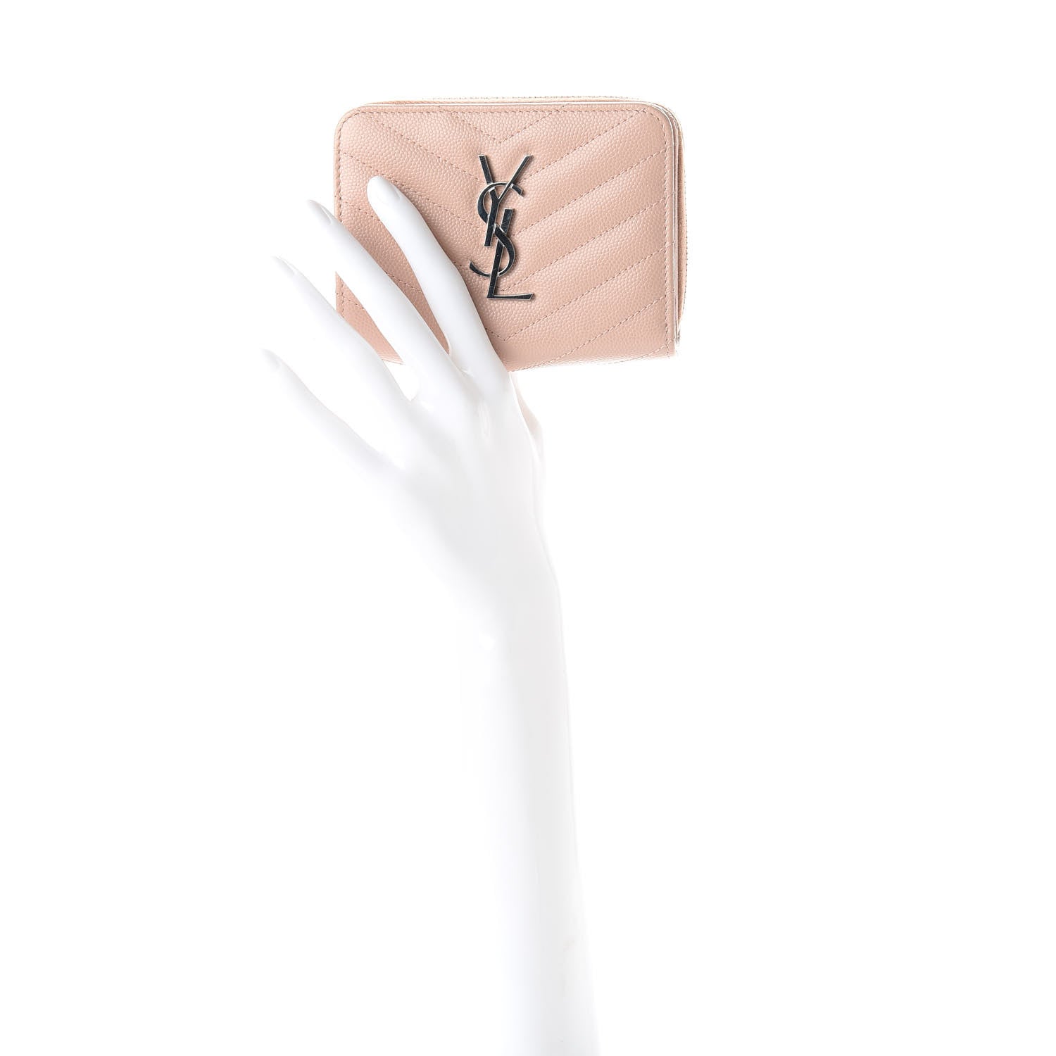Saint Laurent Grain De Poudre Matelasse Chevron Monogram Compact Zip Around Wallet Pink 2 of 8