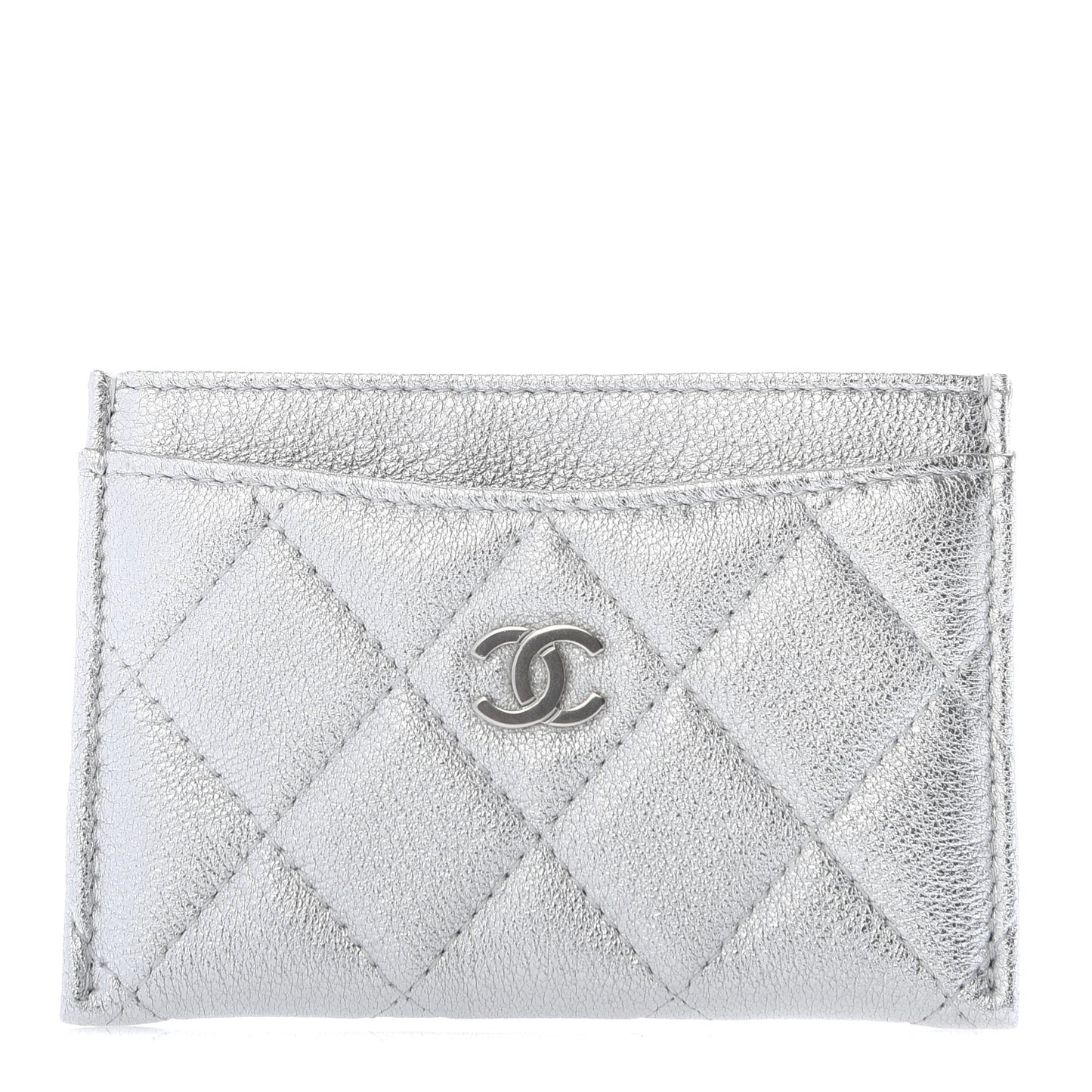 Metallic Lambskin Quilted Card Holder Silver