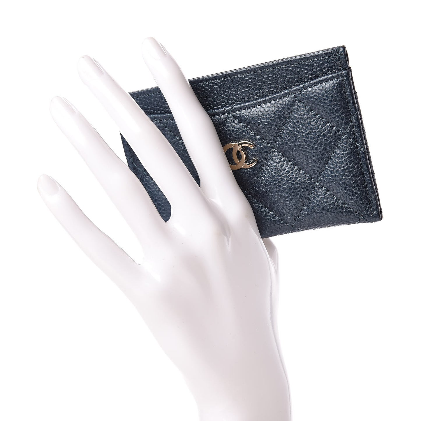 Metallic Caviar Quilted Card Holder Dark Blue