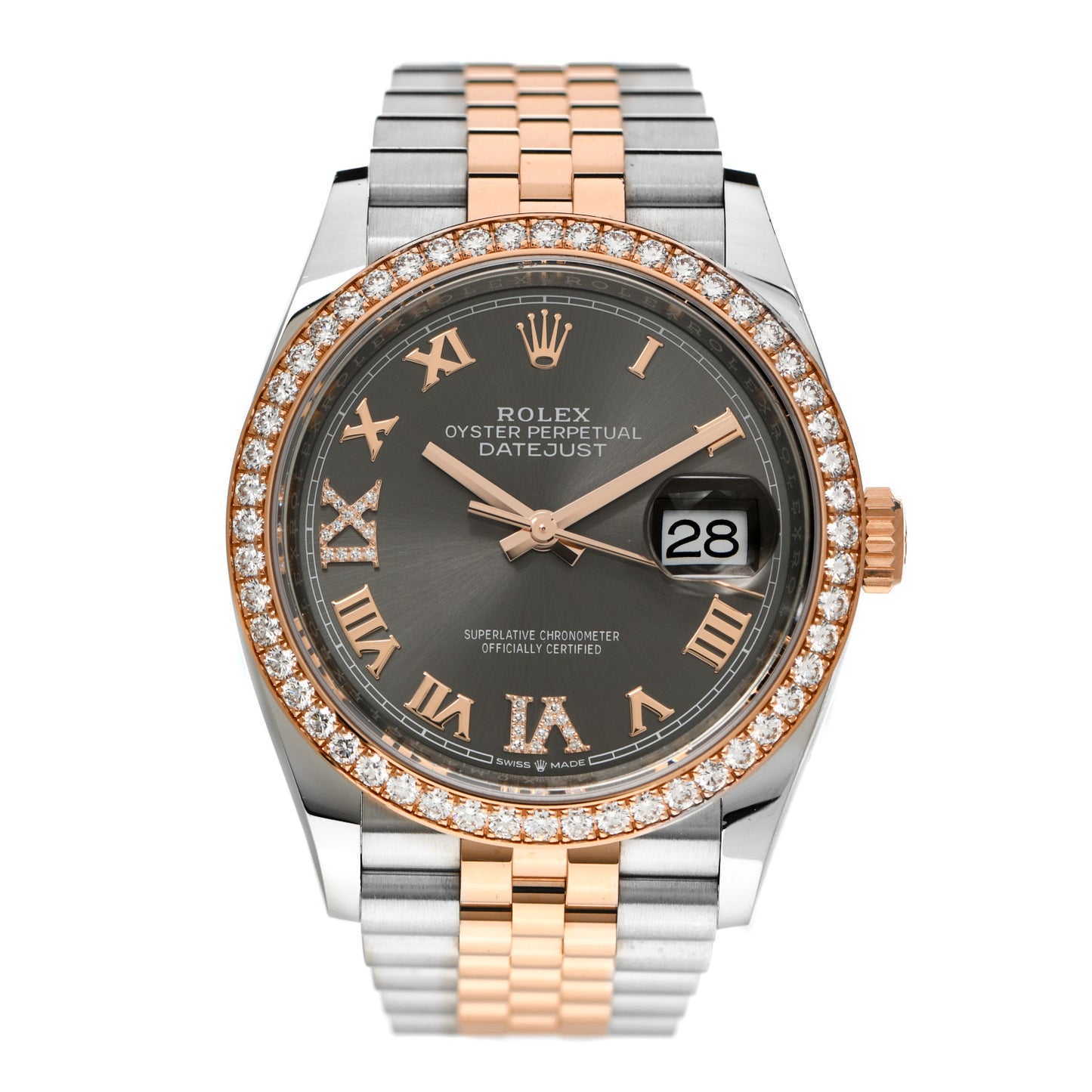Stainless Steel 18K Everose Gold Diamond 36mm Oyster Perpetual Datejust Watch Rhodium Roman 126281RBR