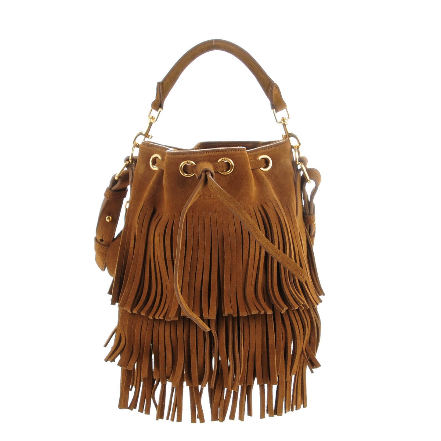 Suede Calfskin Small Emmanuelle Fringe Bucket Bag Ocher