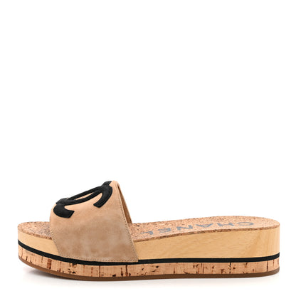 Chanel Suede Cork Mule Sandal 35 Beige Black 1 of 11