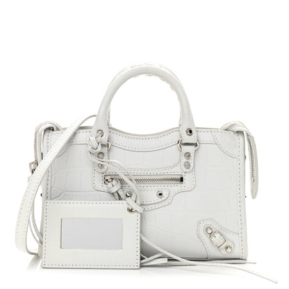 Balenciaga Matte Supple Lambskin Crocodile Embossed Classic Silver Hardware Nano City White 1 of 11