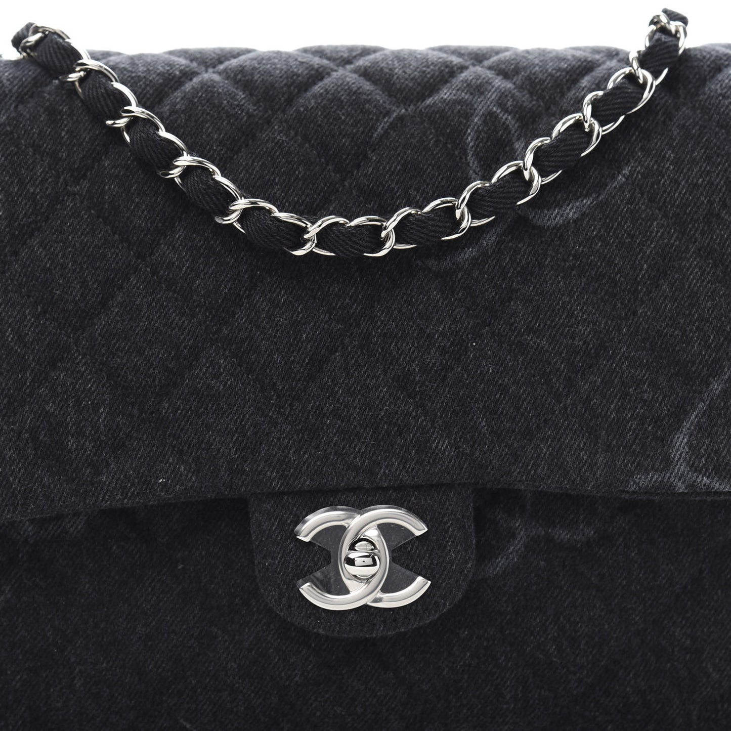 Denim Quilted CC Print Jumbo Single Flap Black