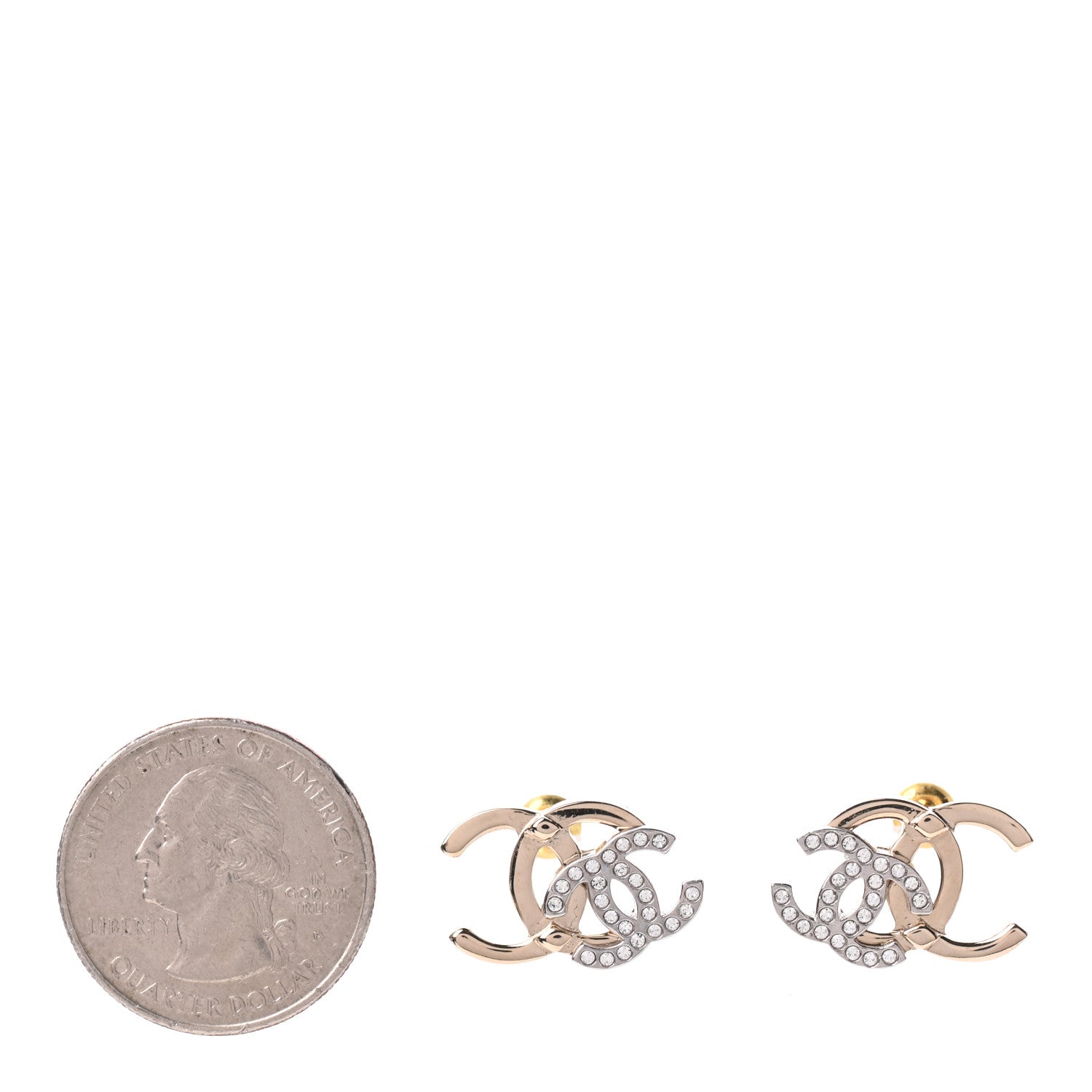 Chanel Crystal Double CC Earrings Gold Silver 2 of 5