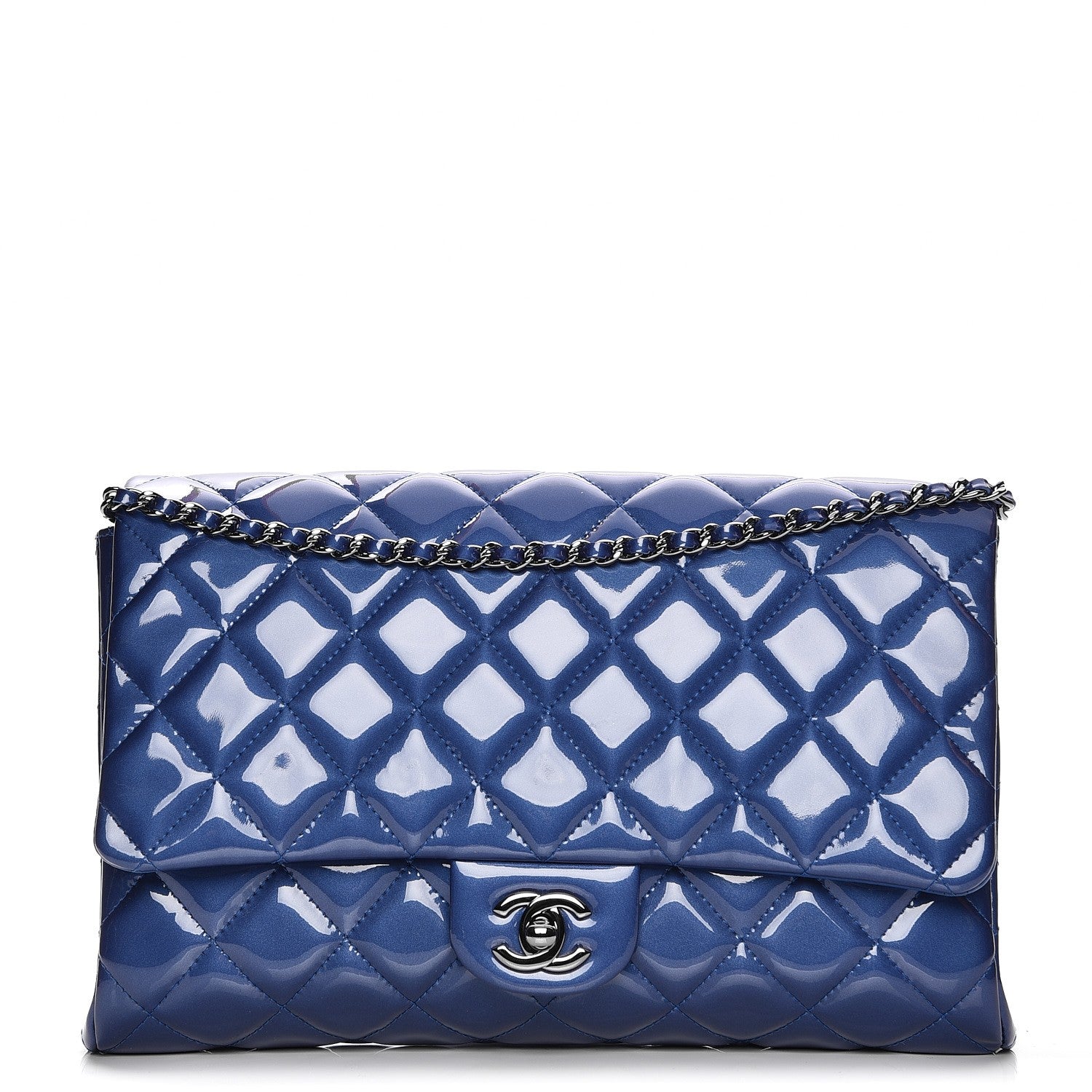Chanel Patent Quilted Clutch with Chain Flap Blue Roi 3 of 17