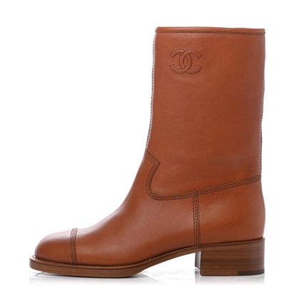 Chanel Calfskin Quilted CC Logo Mid Calf Boots 38 Caramel 1 of 4