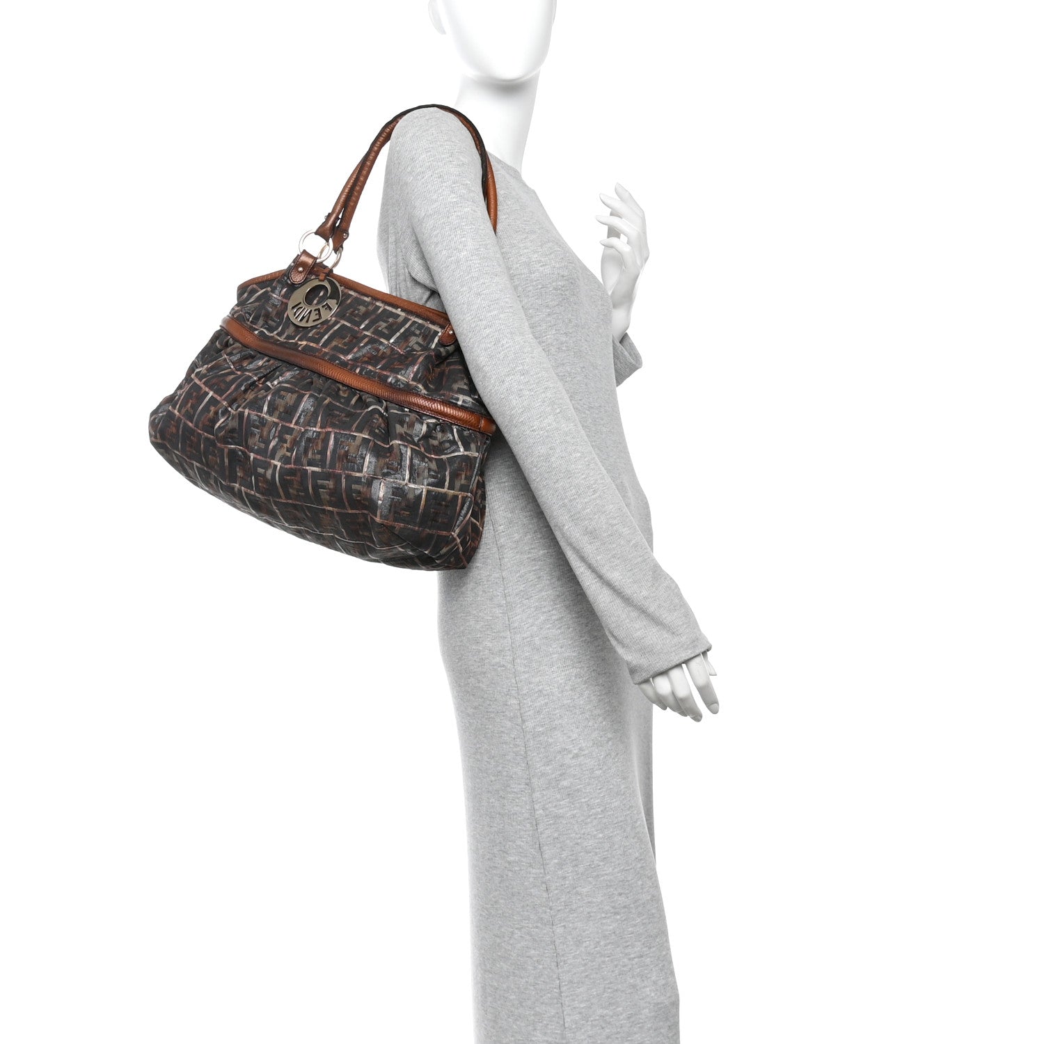 Fendi Zucca Calfskin Crocodile Embossed Large Chef Shopper Tote Tobacco 2 of 11