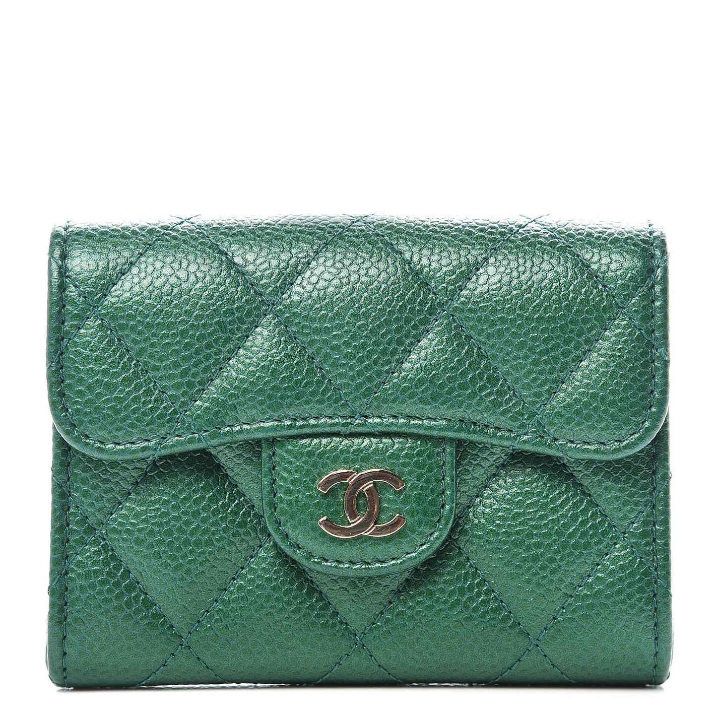 Metallic Caviar Quilted Card Holder Wallet Green