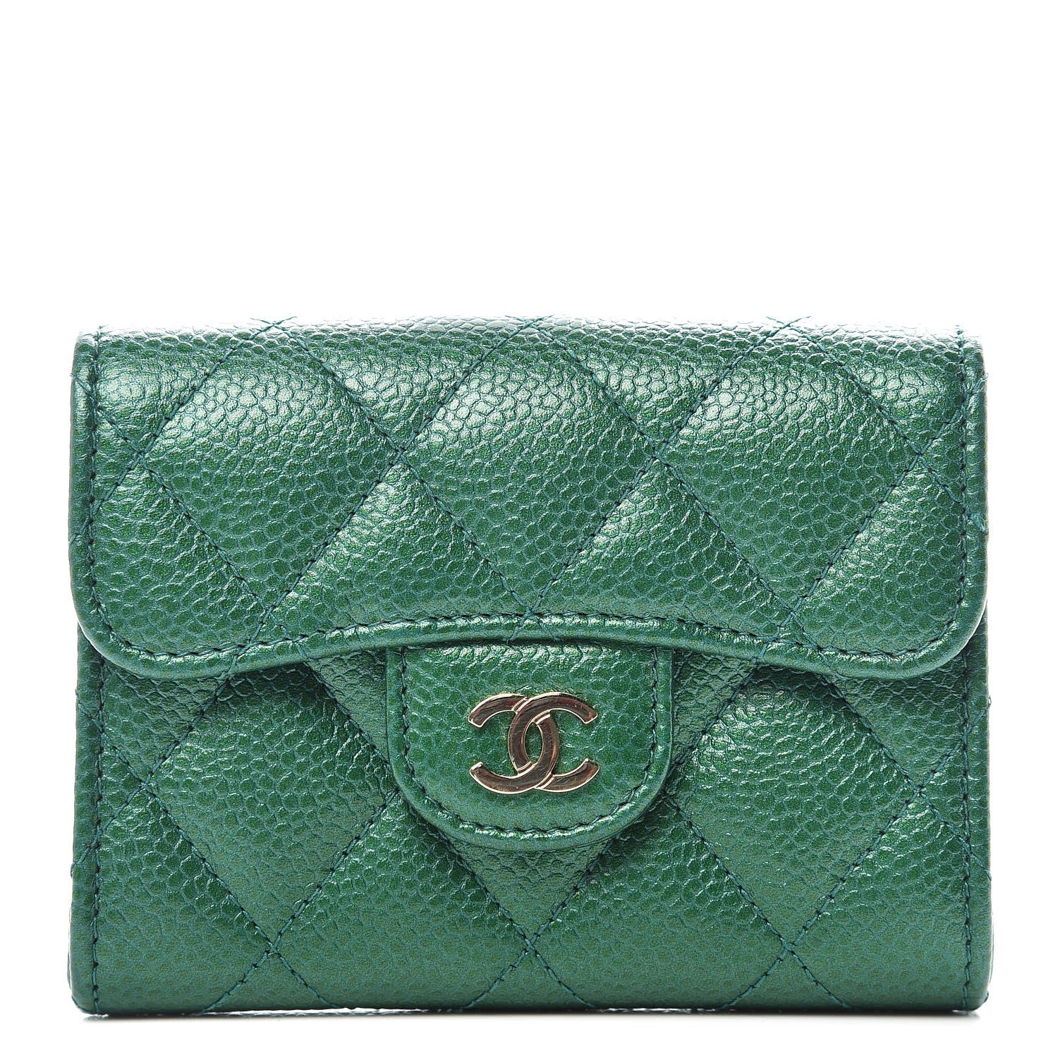 Chanel Metallic Caviar Quilted Card Holder Wallet Green 1 of 10