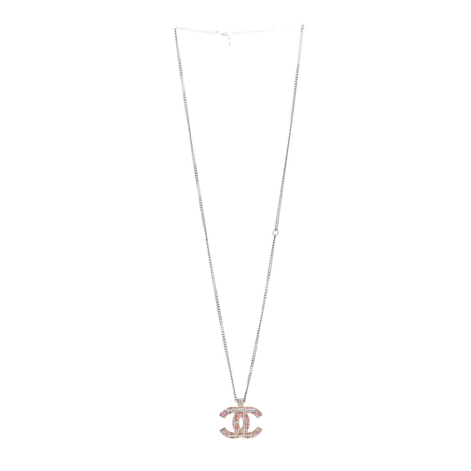 Chanel Resin Crystal Pearl Tweed Effect CC Necklace Gold Pink 3 of 5