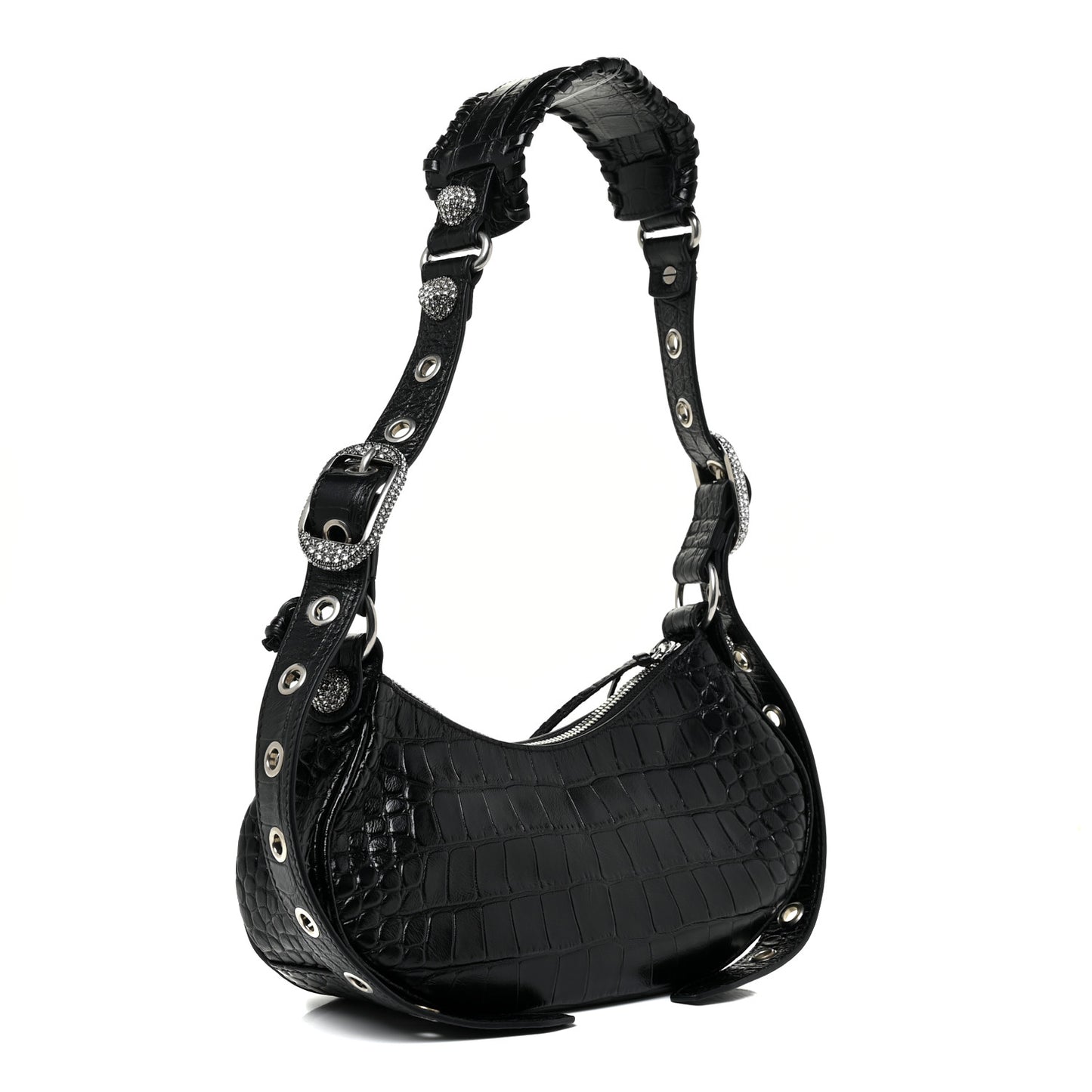 Extra Supple Calfskin Crystal Crocodile Embossed Le Cagole Shoulder Bag XS Black