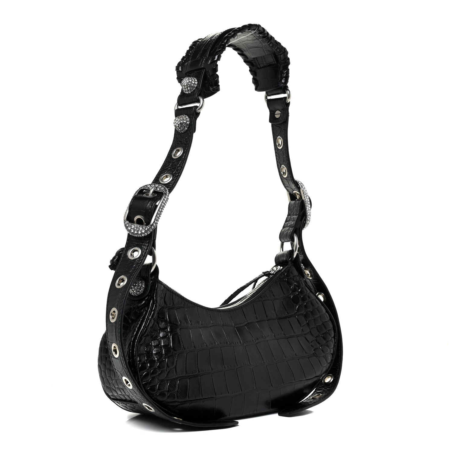 Balenciaga Extra Supple Calfskin Crystal Crocodile Embossed Le Cagole Shoulder Bag XS Black 4 of 10