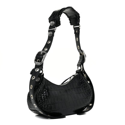 Balenciaga Extra Supple Calfskin Crystal Crocodile Embossed Le Cagole Shoulder Bag XS Black 4 of 10