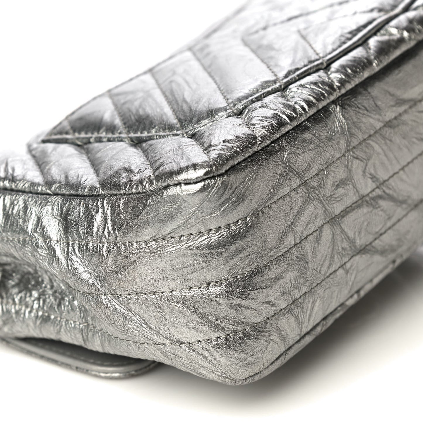 Patent Metallic Crumpled Calfskin Chevron Quilted Mini Rectangular Flap Silver