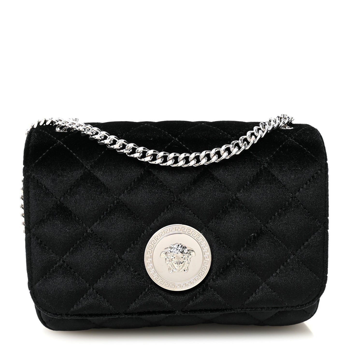 Velvet Quilted Medusa Chain Crossbody Black