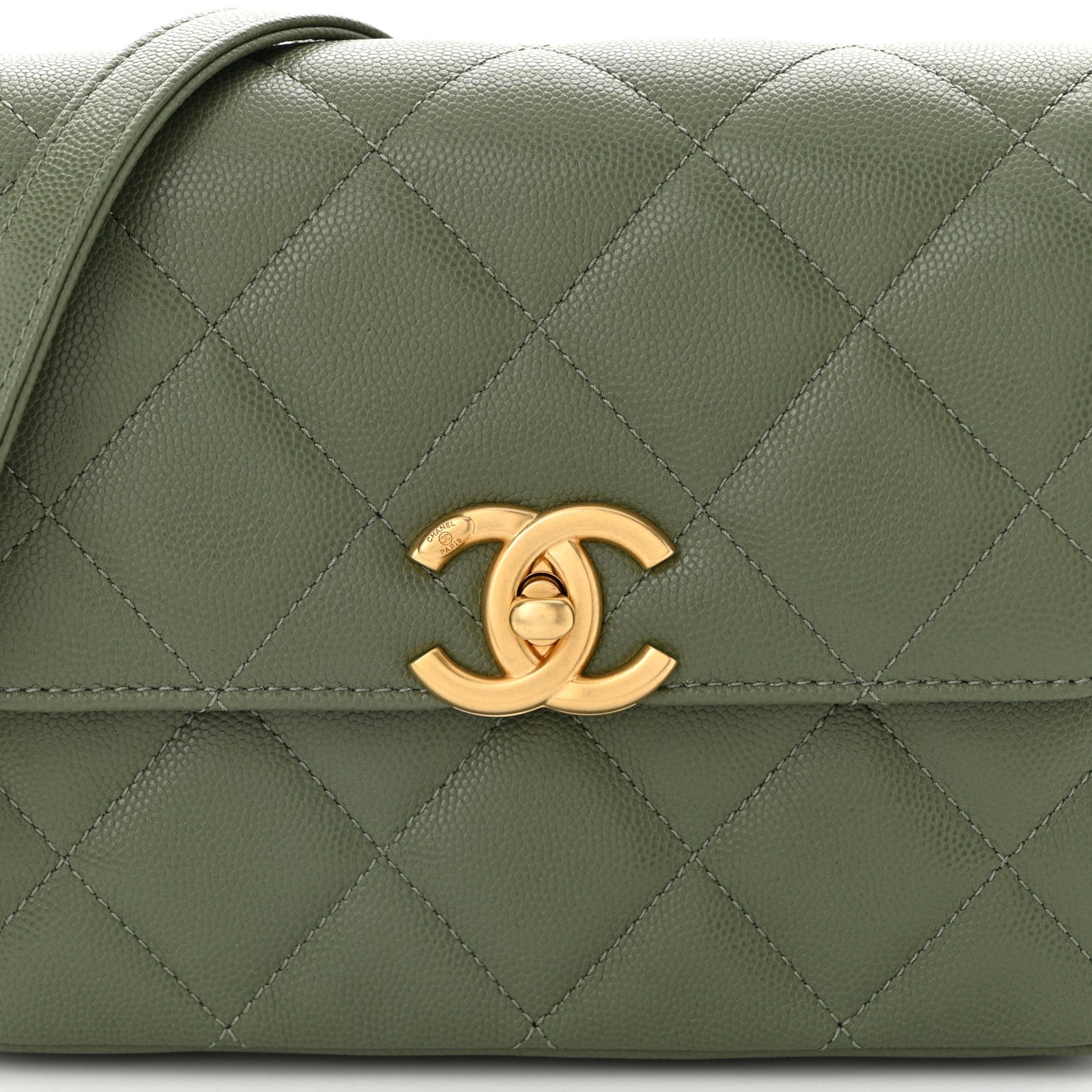 Shiny Caviar Quilted Mini Flap Khaki