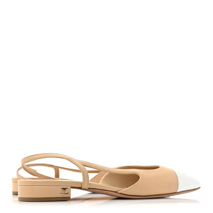 Chanel Lambskin Patent Cap Toe CC Slingback Sandals 39 Beige White 3 of 7
