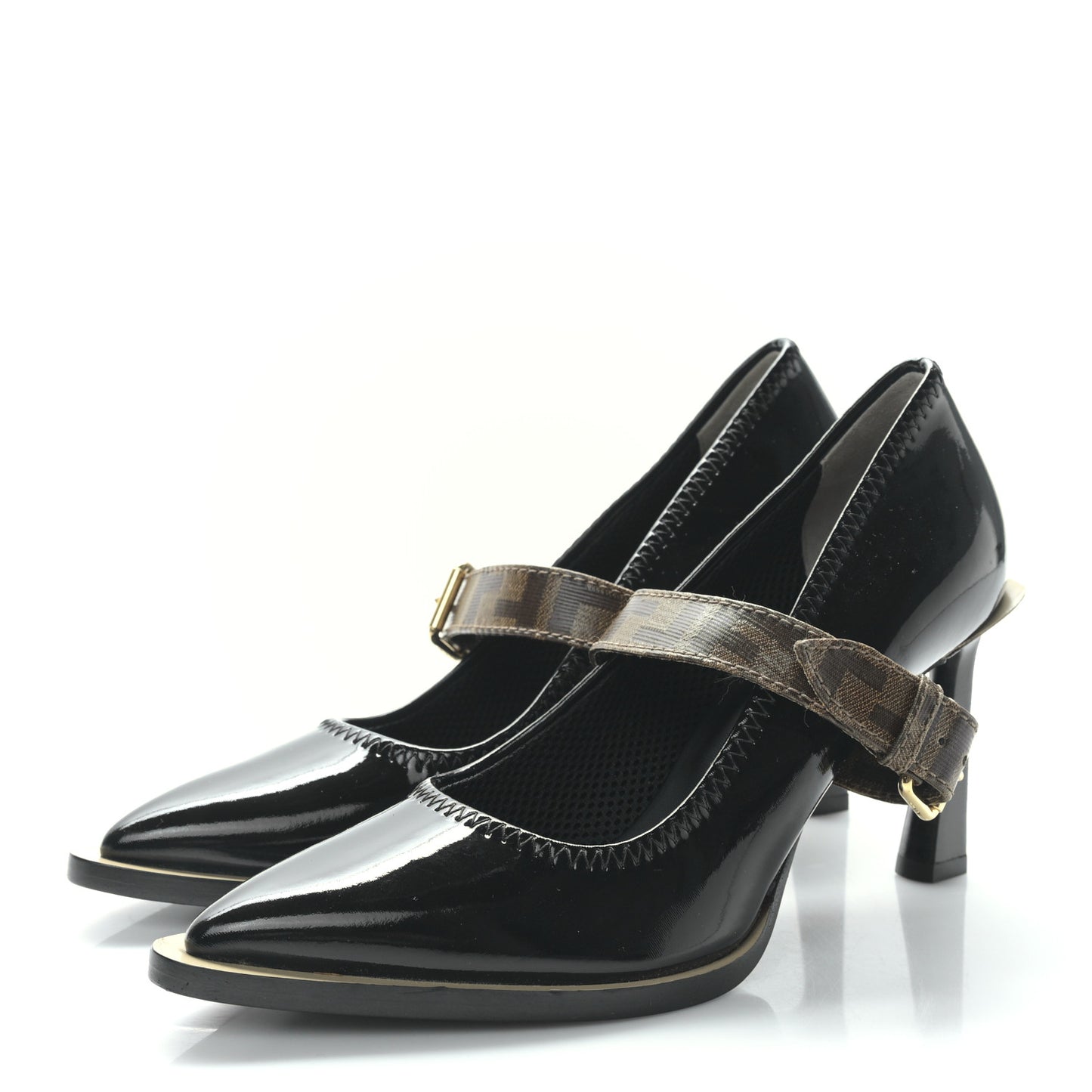 Glossy Neoprene Glazed Fabric FF FFrame Court Mary Jane Slingback Pumps 38 Black Tobacco Moro